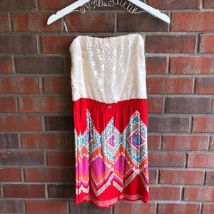 🔴 Aztec Print Strapless Dress Red Summer Women’s